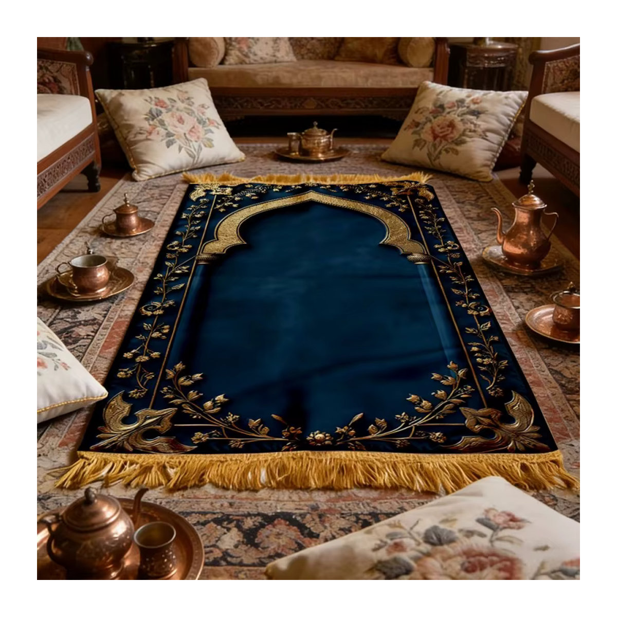 VIKAMA Gebetsteppich Bogen-Design in Türkis und Gold mit gelben Quasten, rutschfeste islamische Gebetsmatte für dein Zuhause - Bild 4