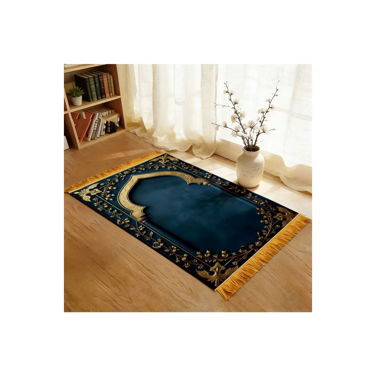 VIKAMA Gebetsteppich Bogen-Design in Türkis und Gold mit gelben Quasten, rutschfeste islamische Gebetsmatte für dein Zuhause - Bild 5