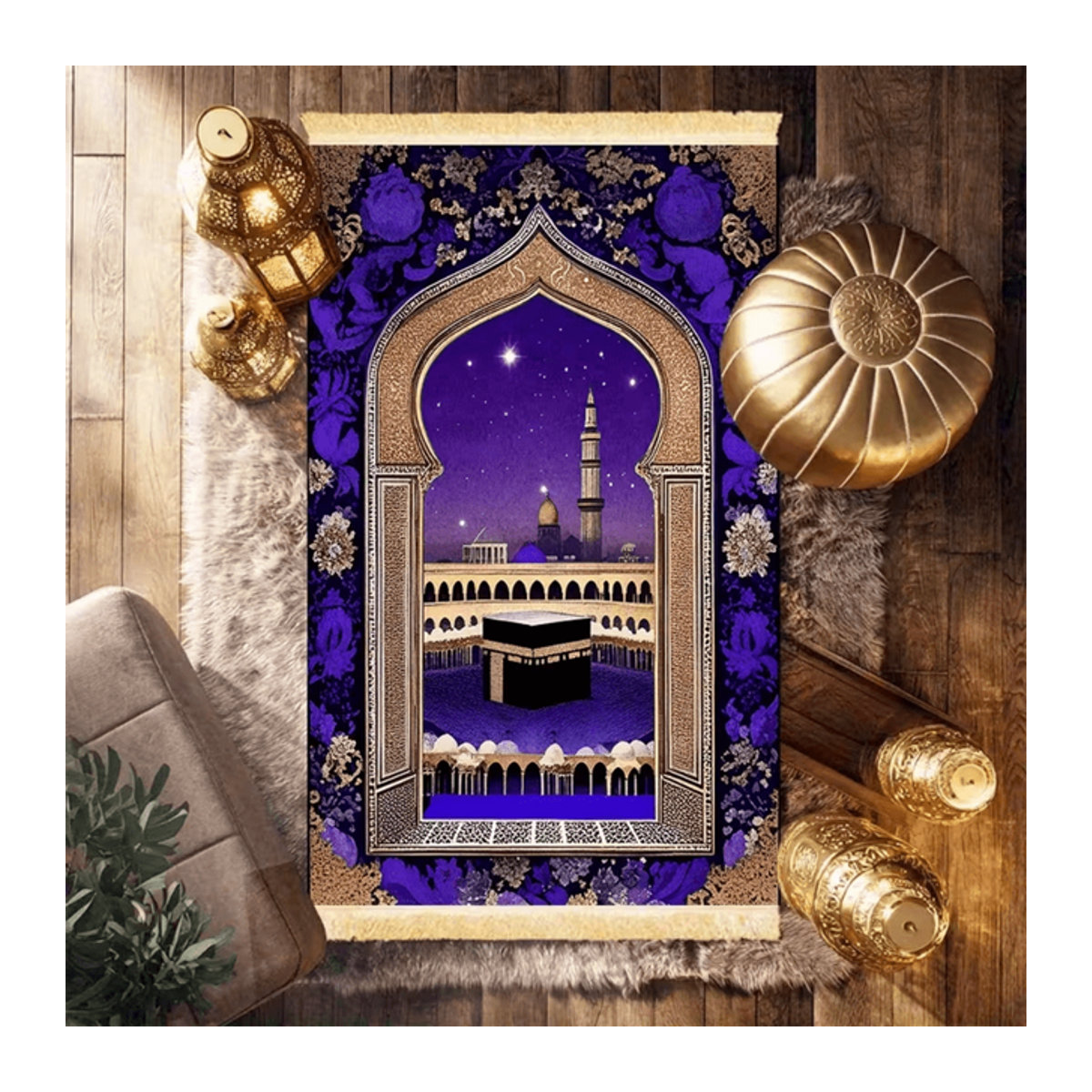 VIKAMA Gebetsteppich mit Blumenmuster und Kaaba-Motiv in Lila - Bild 1