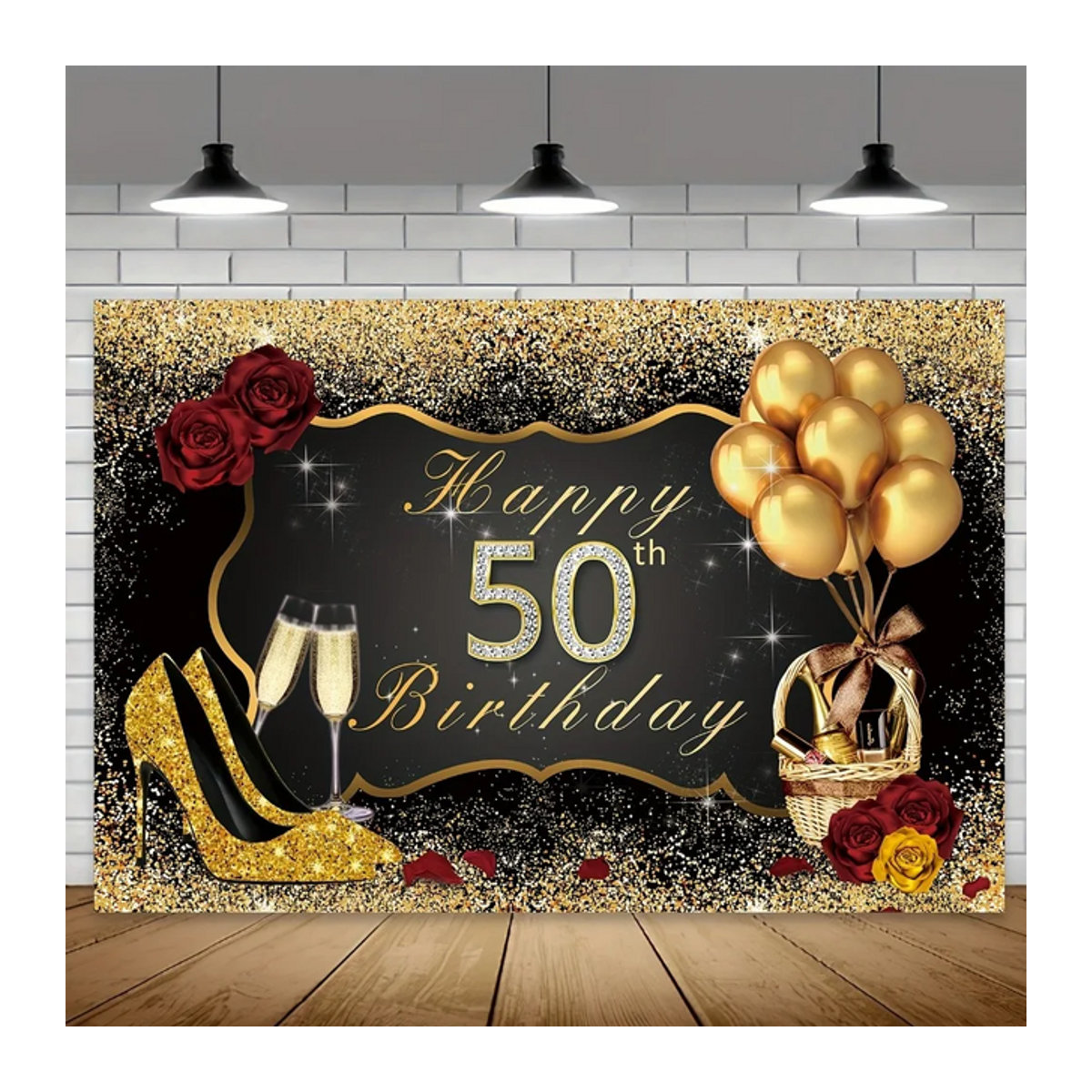 VIKAMA Geburtstag Dekoration Set in Schwarz und Gold mit Luftballons, glitzernden Paillettenrosen und Banner für den 50. Geburtstag - Bild 1
