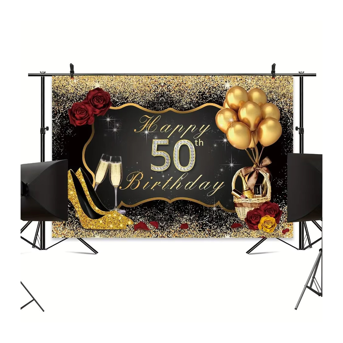 VIKAMA Geburtstag Dekoration Set in Schwarz und Gold mit Luftballons, glitzernden Paillettenrosen und Banner für den 50. Geburtstag - Bild 2