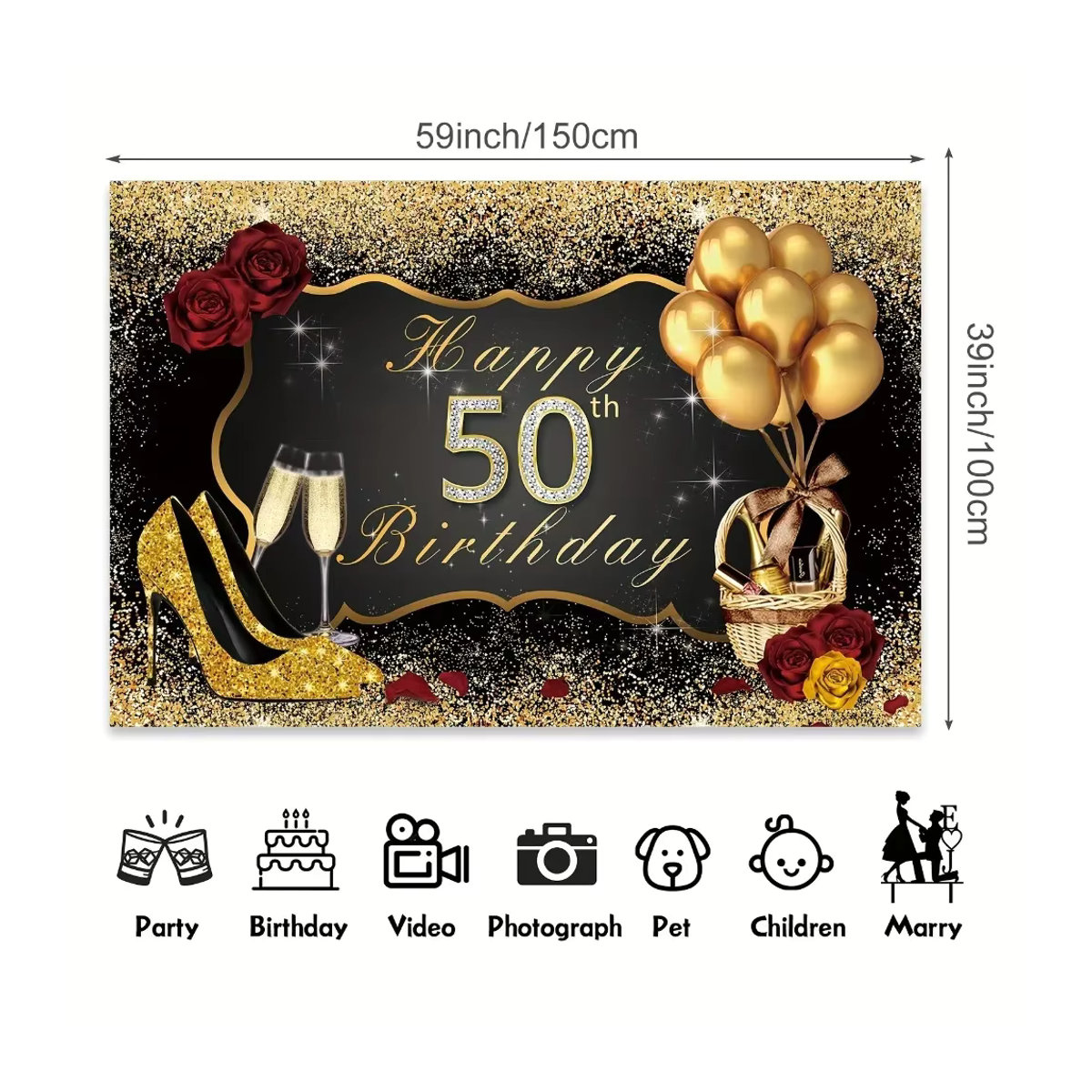 VIKAMA Geburtstag Dekoration Set in Schwarz und Gold mit Luftballons, glitzernden Paillettenrosen und Banner für den 50. Geburtstag - Bild 3
