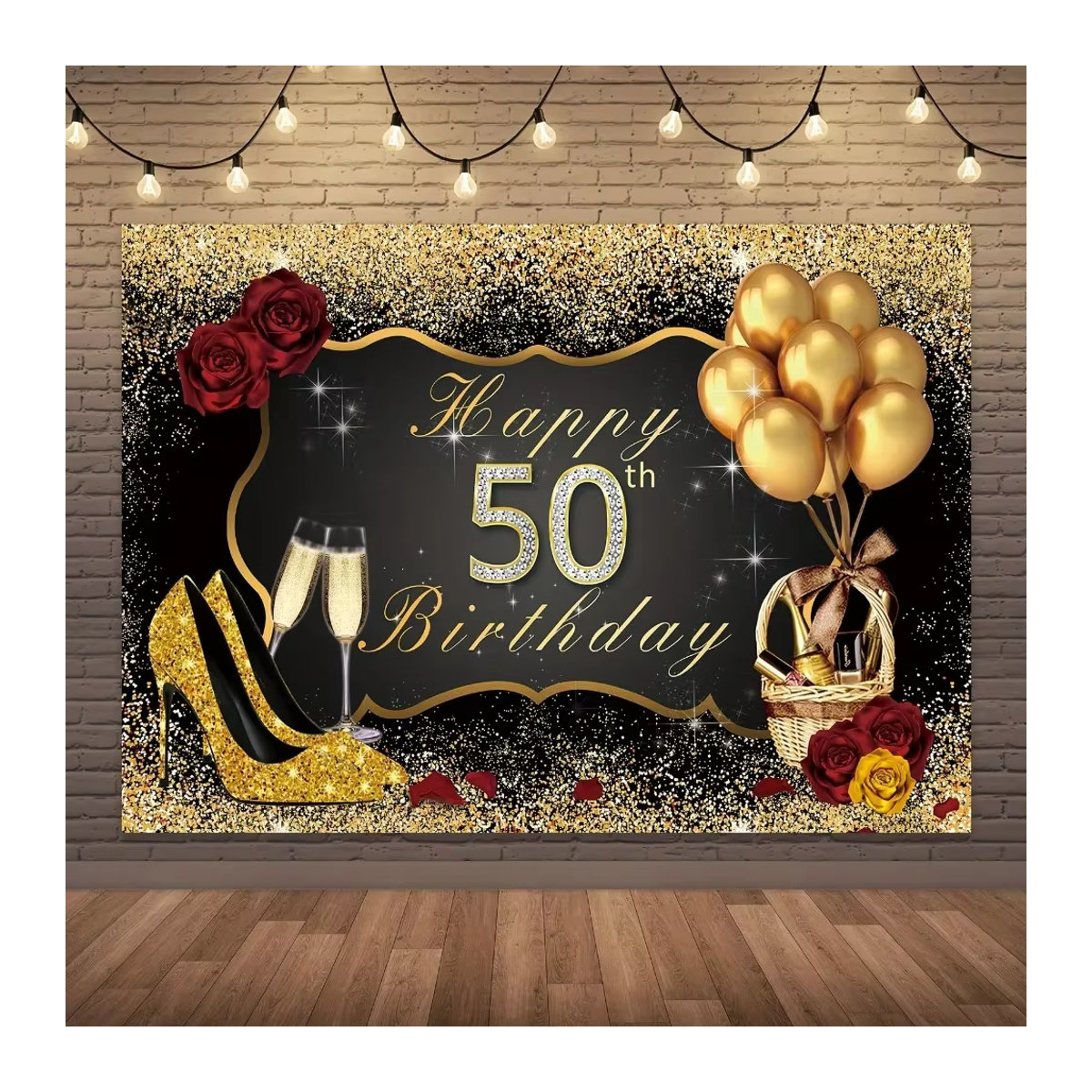 VIKAMA Geburtstag Dekoration Set in Schwarz und Gold mit Luftballons, glitzernden Paillettenrosen und Banner für den 50. Geburtstag - Bild 4