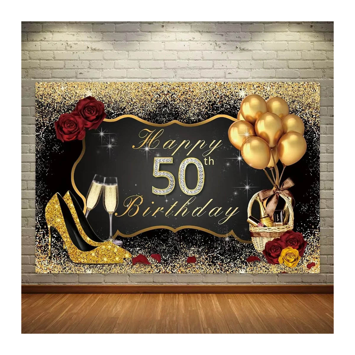 VIKAMA Geburtstag Dekoration Set in Schwarz und Gold mit Luftballons, glitzernden Paillettenrosen und Banner für den 50. Geburtstag - Bild 5