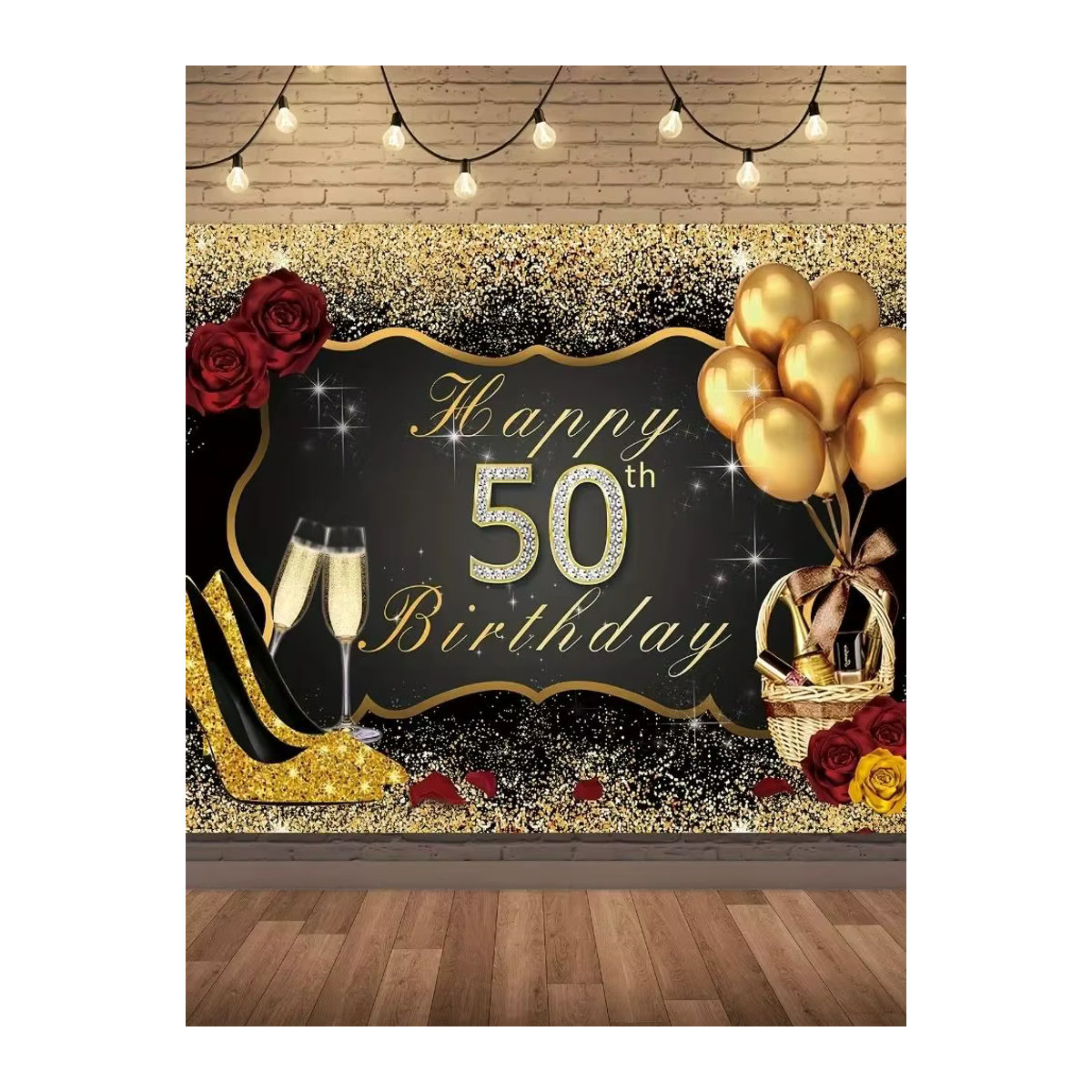 VIKAMA Geburtstag Dekoration Set in Schwarz und Gold mit Luftballons, glitzernden Paillettenrosen und Banner für den 50. Geburtstag - Bild 6