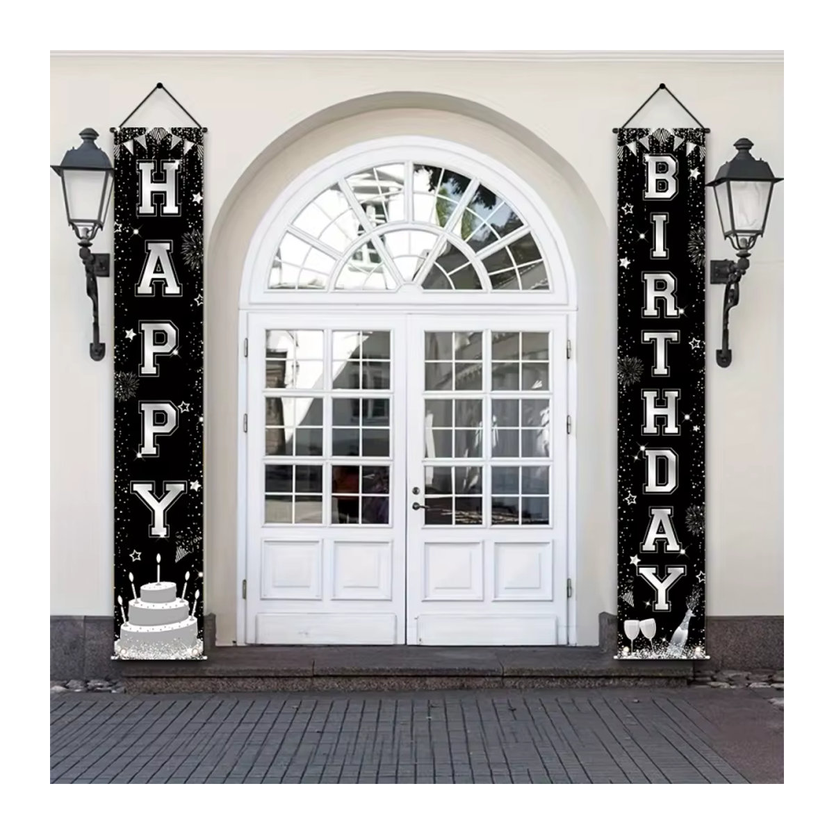 VIKAMA Geburtstagsbanner Schwarz-Silber mit Kuchen- und Champagner-Print als Party-Dekoration für Erwachsene - Bild 2