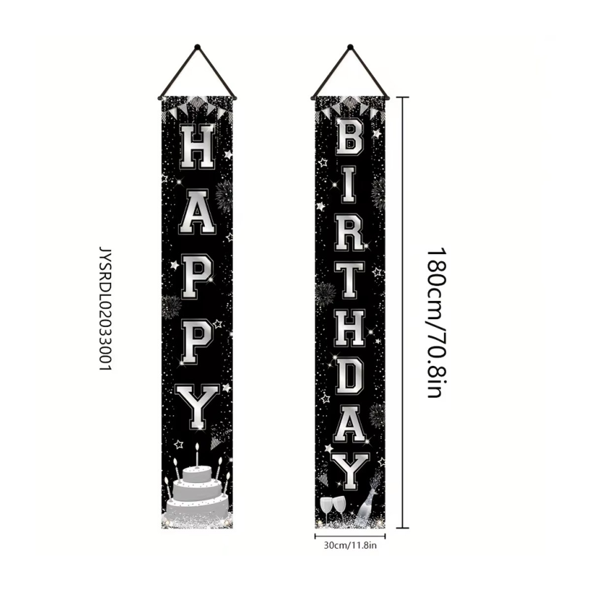 VIKAMA Geburtstagsbanner Schwarz-Silber mit Kuchen- und Champagner-Print als Party-Dekoration für Erwachsene - Bild 3