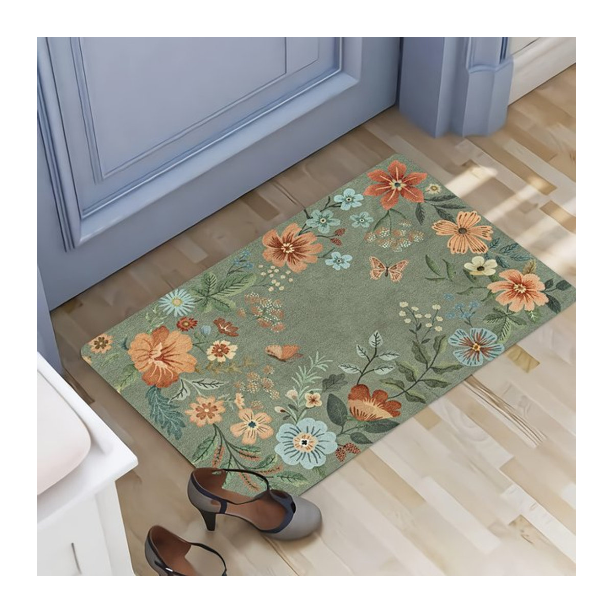 VIKAMA Grüner Teppich mit Blumen-Design als weiche Bodenmatte für Wohnzimmer, Schlafzimmer oder Outdoor - Bild 1