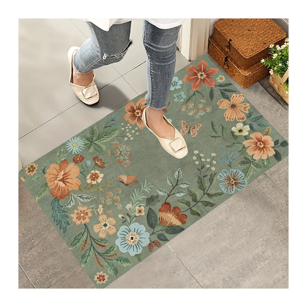 VIKAMA Grüner Teppich mit Blumen-Design als weiche Bodenmatte für Wohnzimmer, Schlafzimmer oder Outdoor - Bild 3