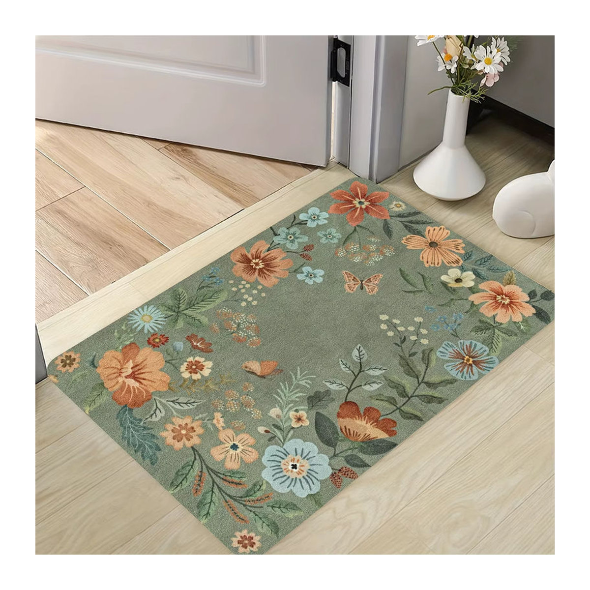 VIKAMA Grüner Teppich mit Blumen-Design als weiche Bodenmatte für Wohnzimmer, Schlafzimmer oder Outdoor - Bild 4