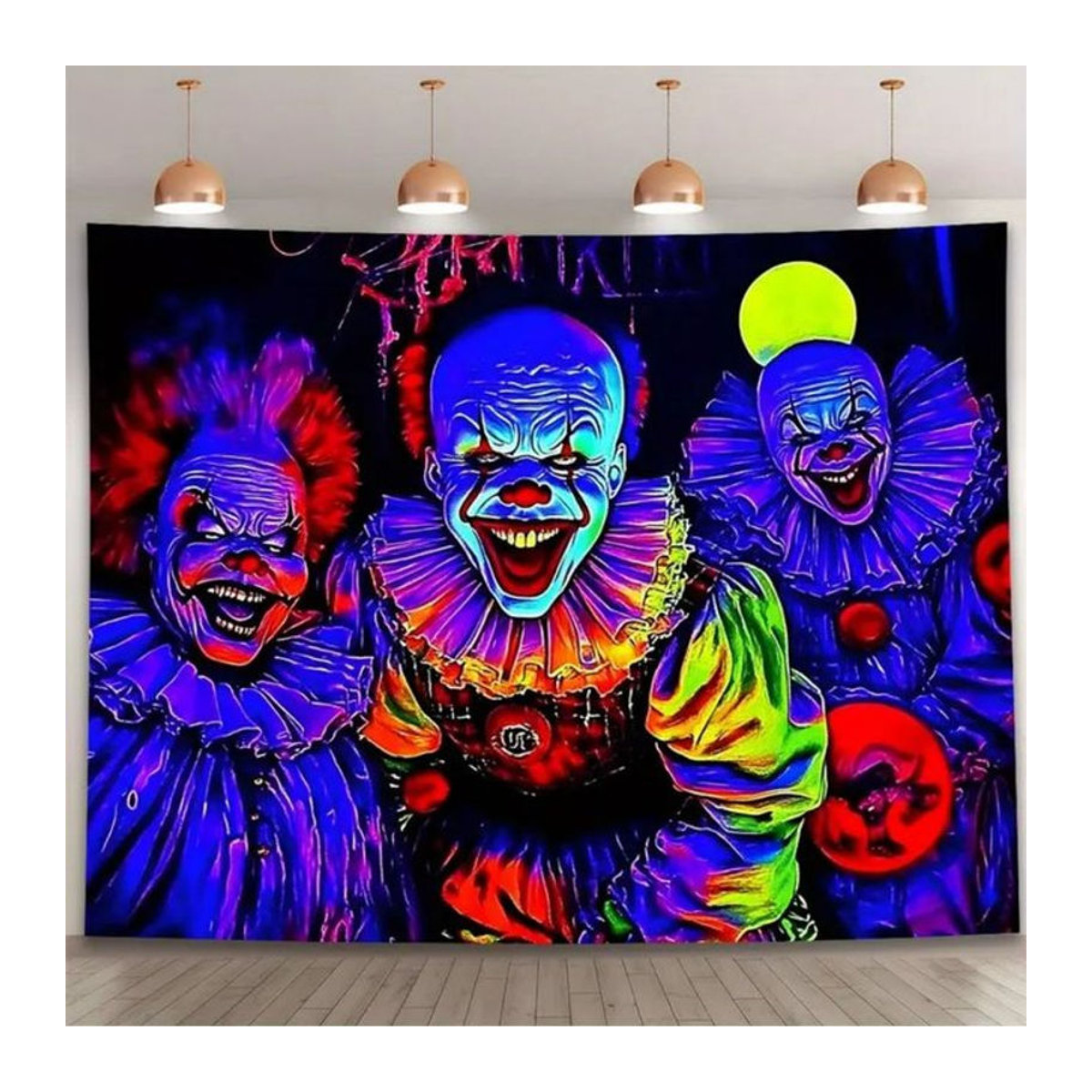 VIKAMA Halloween Clown Hintergrundbanner in Neonfarben als hängende Dekoration für Innen- und Außenbereich, mehrfarbig und rechteckig - Bild 1