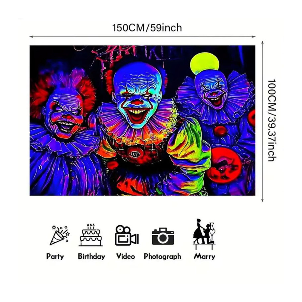 VIKAMA Halloween Clown Hintergrundbanner in Neonfarben als hängende Dekoration für Innen- und Außenbereich, mehrfarbig und rechteckig - Bild 2