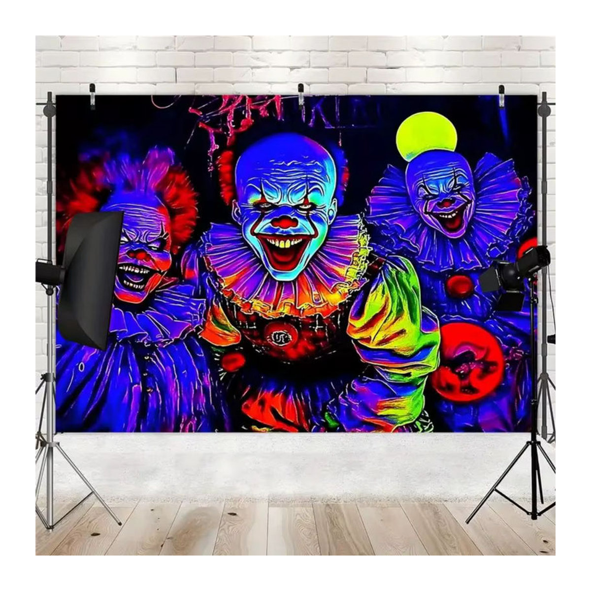 VIKAMA Halloween Clown Hintergrundbanner in Neonfarben als hängende Dekoration für Innen- und Außenbereich, mehrfarbig und rechteckig - Bild 3