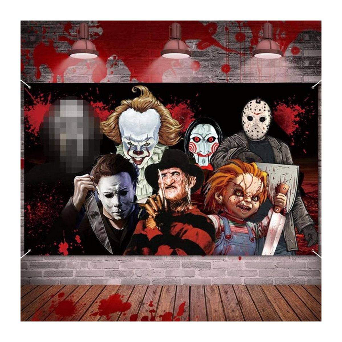 VIKAMA Halloween Dekoration Hintergrundtuch mit klassischen Filmcharakteren, mehrfarbig, Textil, B: 100 cm, H: 75 cm - Bild 1