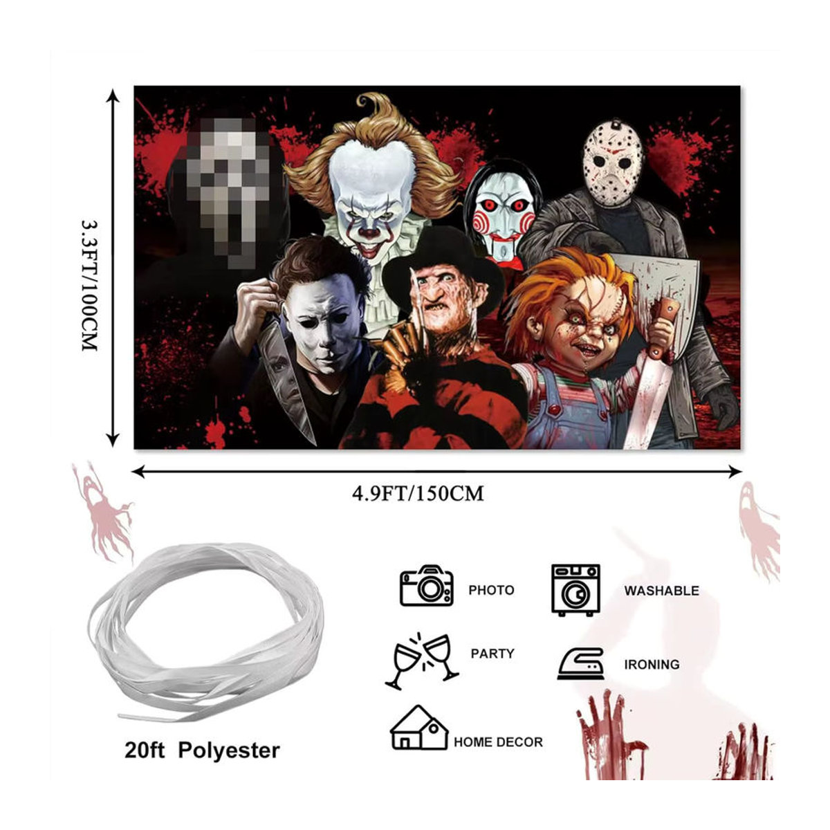 VIKAMA Halloween Dekoration Hintergrundtuch mit klassischen Filmcharakteren, mehrfarbig, Textil, B: 100 cm, H: 75 cm - Bild 3