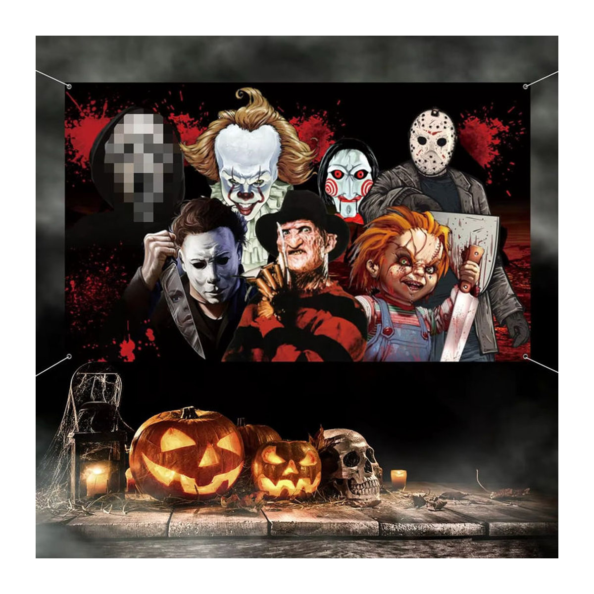 VIKAMA Halloween Dekoration Hintergrundtuch mit klassischen Filmcharakteren, mehrfarbig, Textil, B: 100 cm, H: 75 cm - Bild 4