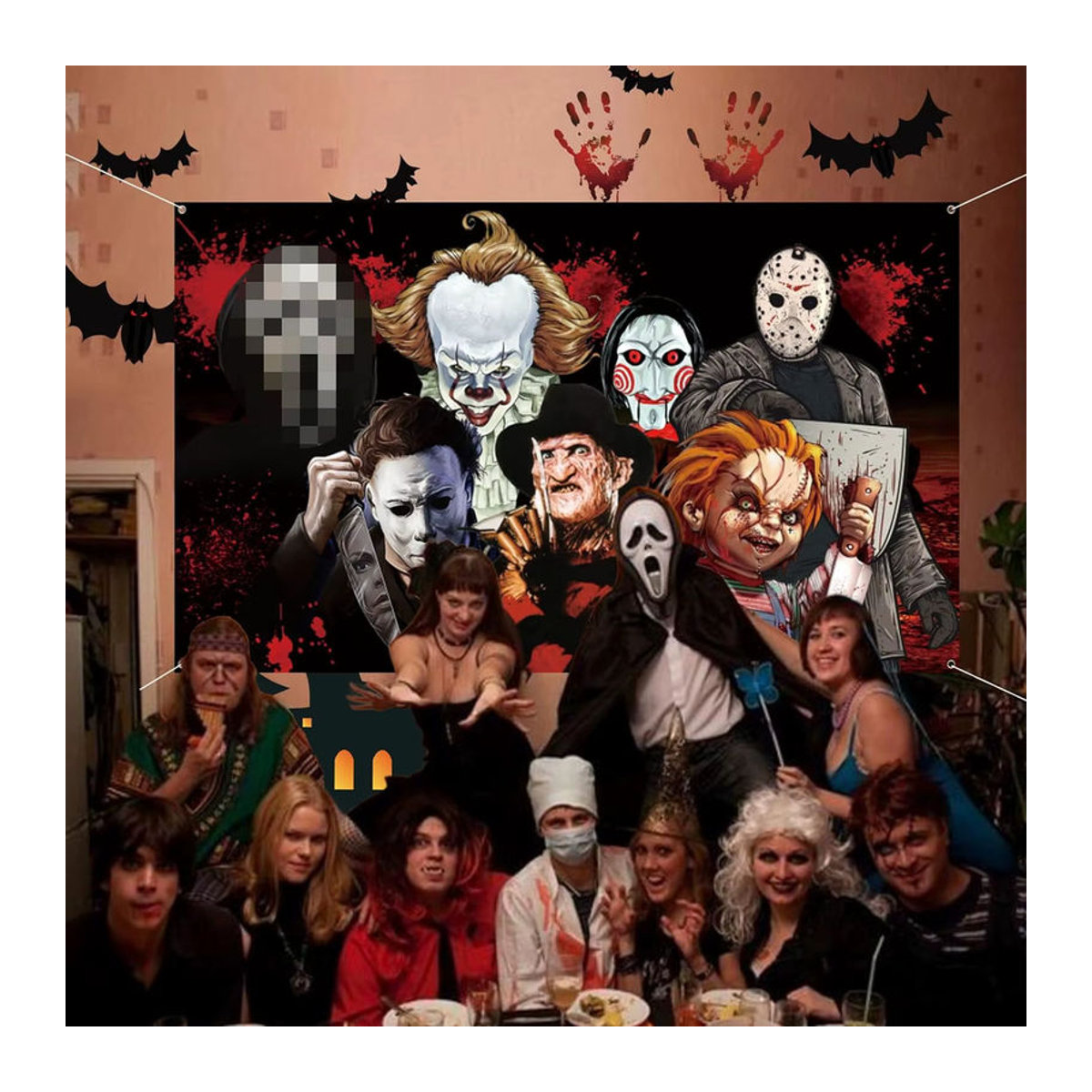 VIKAMA Halloween Dekoration Hintergrundtuch mit klassischen Filmcharakteren, mehrfarbig, Textil, B: 100 cm, H: 75 cm - Bild 5