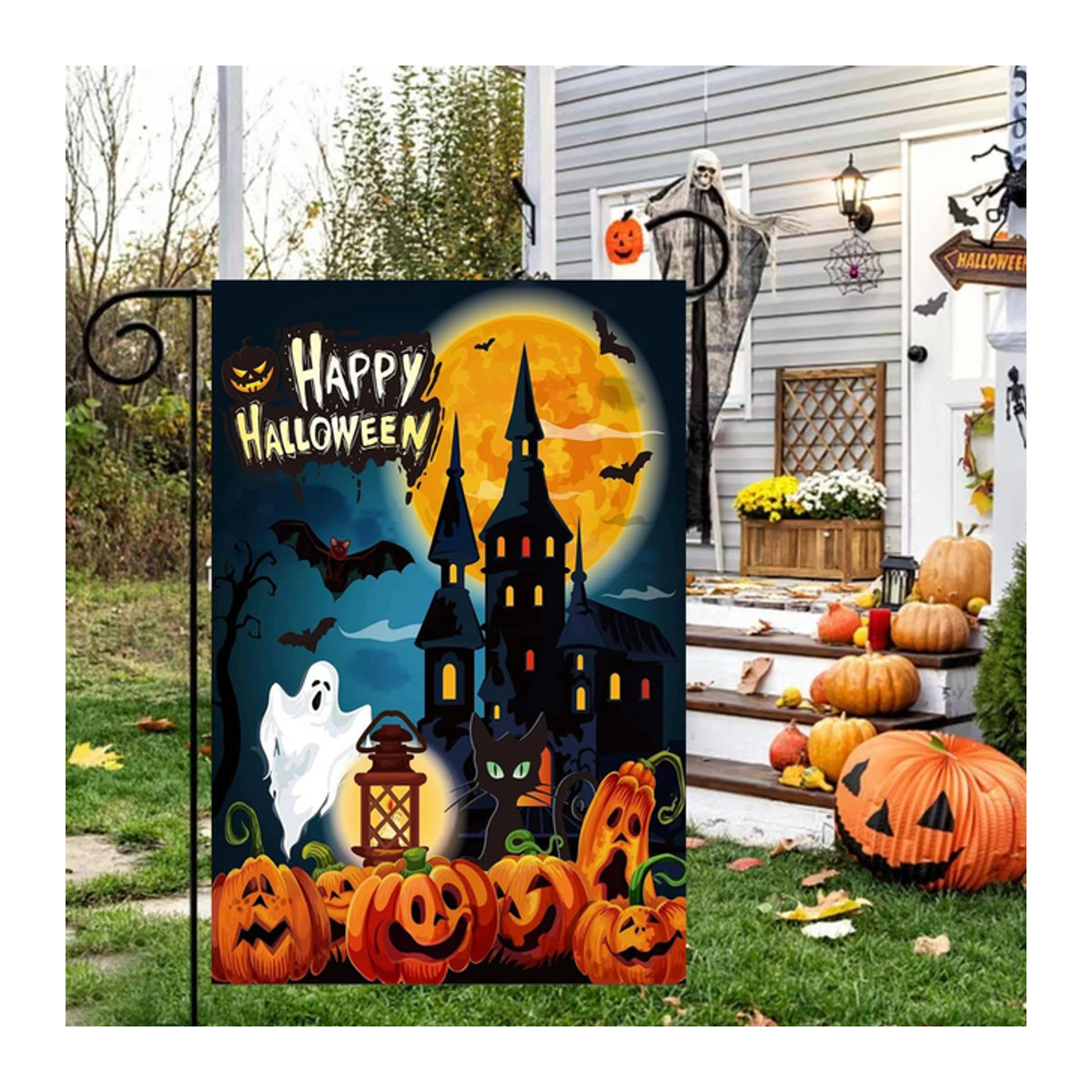 VIKAMA Halloween-Flagge Happy Garden mit Kürbis und schwarzen Fledermäusen, mehrfarbige Garten-Dekoration, B/H: 45 x 30 cm - Bild 1