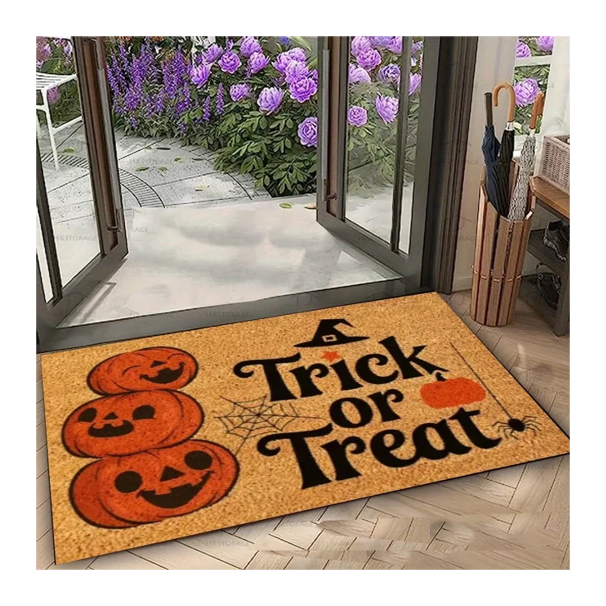VIKAMA Halloween Fußmatte Jack-o'-Laterne in Beige mit Motiv There's Horrors This House aus Kokosfaser - Bild 1