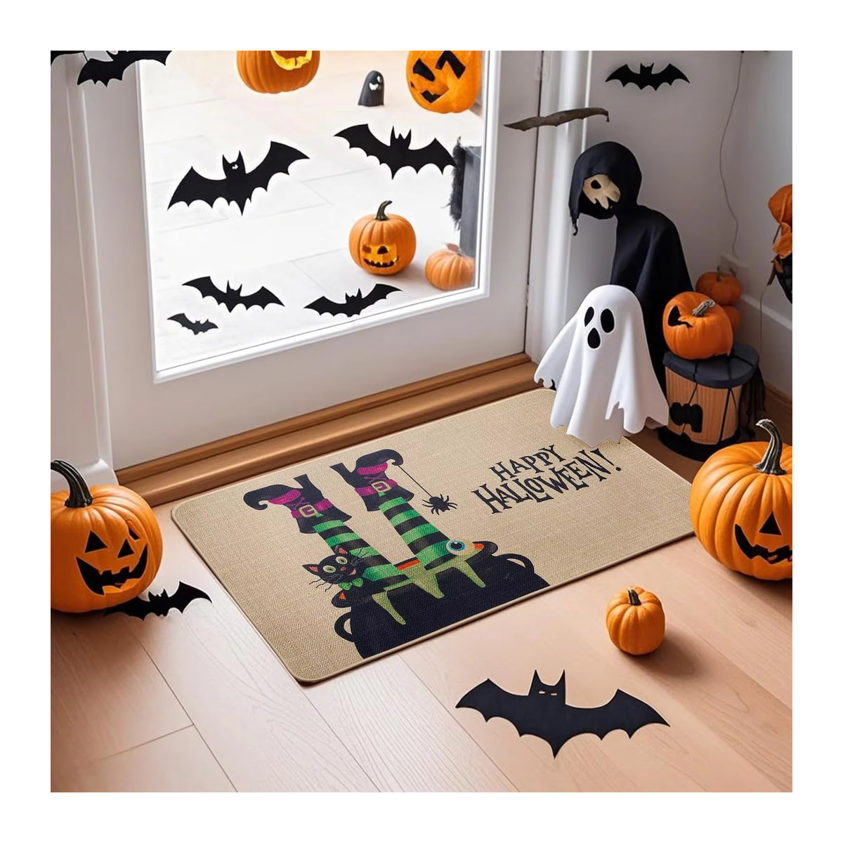 VIKAMA Halloween-Fußmatte mit Hexenbeinen in Beige, rutschfeste Dekoration für innen und außen - Bild 2