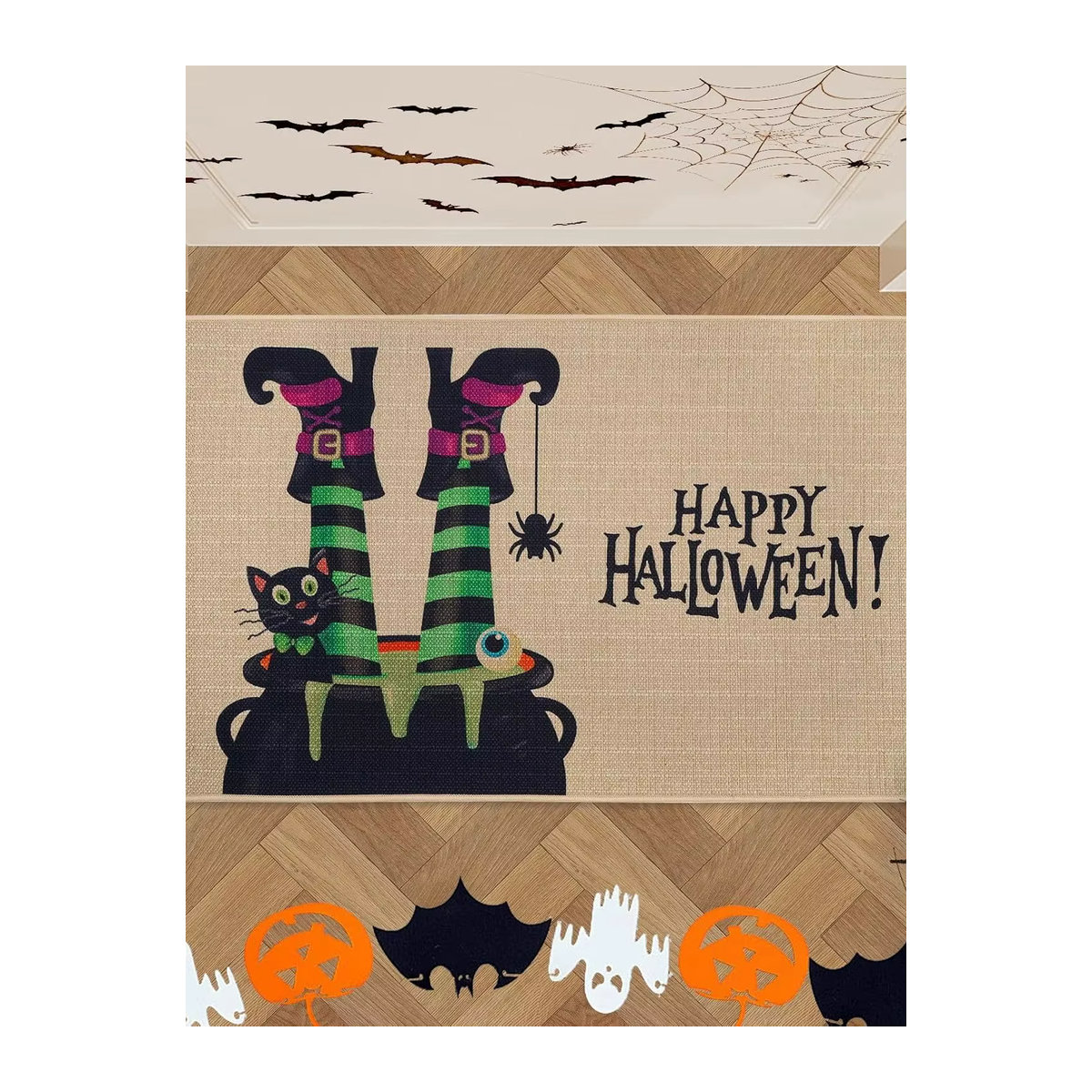 VIKAMA Halloween-Fußmatte mit Hexenbeinen in Beige, rutschfeste Dekoration für innen und außen - Bild 5
