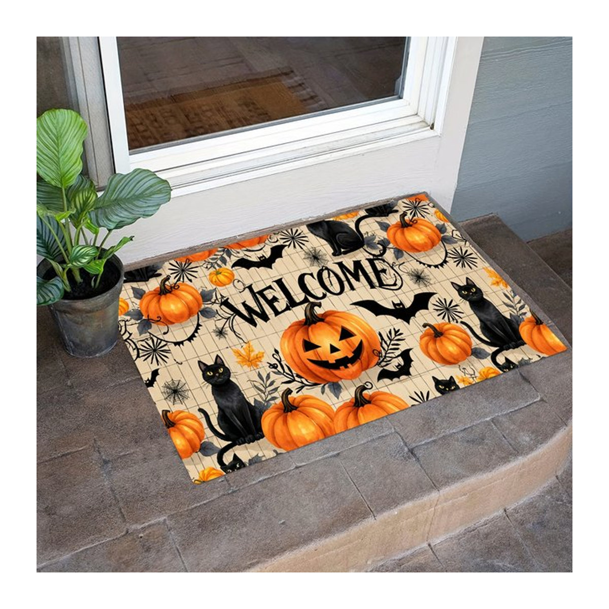 VIKAMA Halloween-Fußmatte mit Kürbis- und Katzen-Motiv, mehrfarbiger Outdoor-Teppich für Wohnzimmer, Küche oder Schlafzimmer - Bild 1