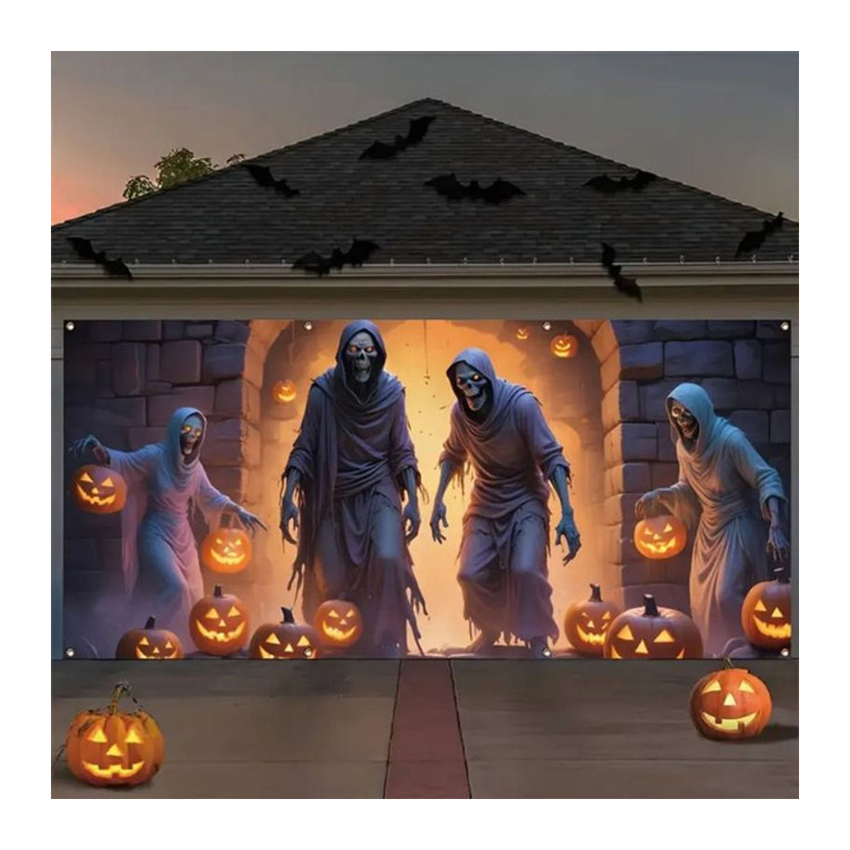 VIKAMA Halloween Garagenbanner mit Totenkopf Motiv aus Textil, mehrfarbig, B/H: 400 x 180 cm - Bild 1