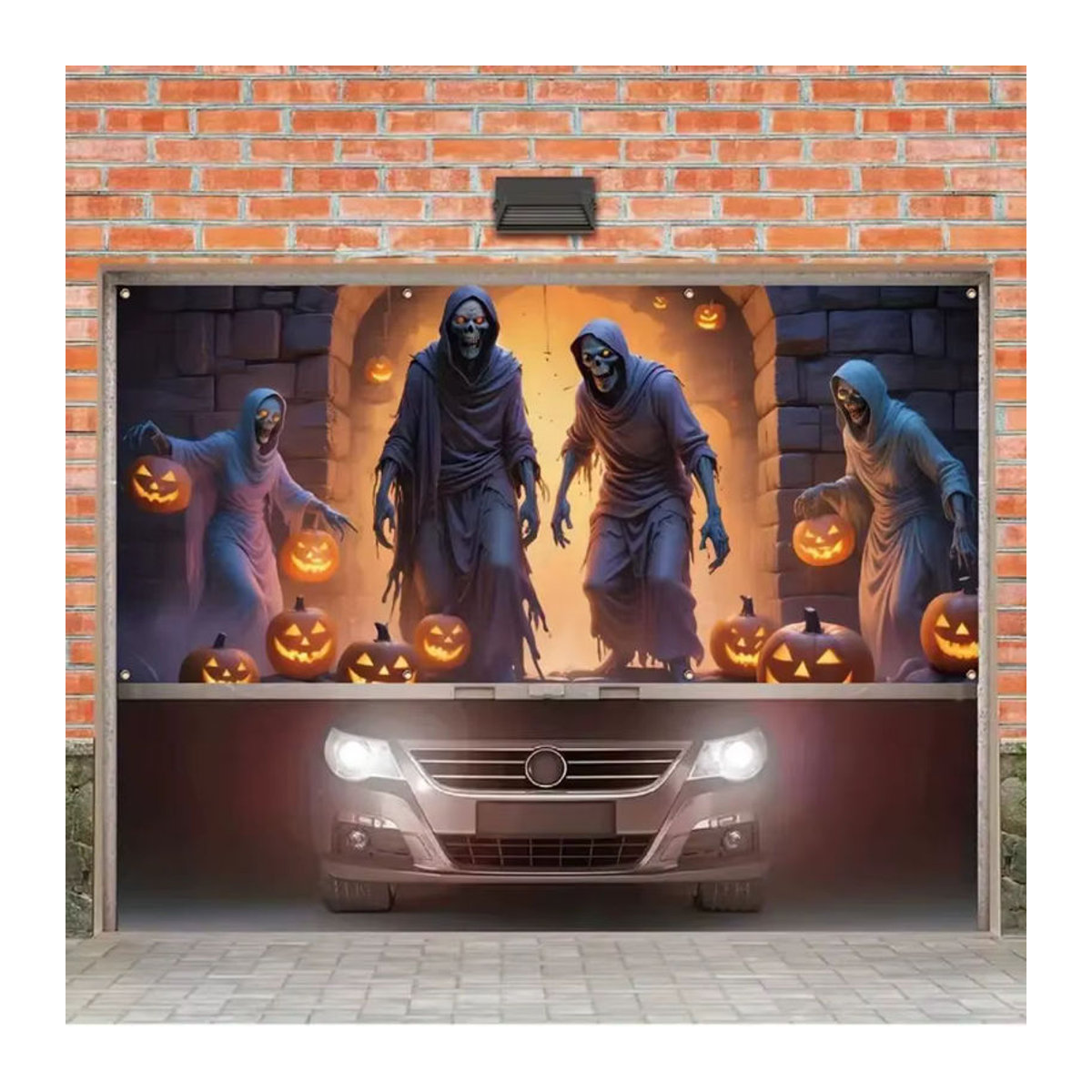 VIKAMA Halloween Garagenbanner mit Totenkopf Motiv aus Textil, mehrfarbig, B/H: 400 x 180 cm - Bild 3