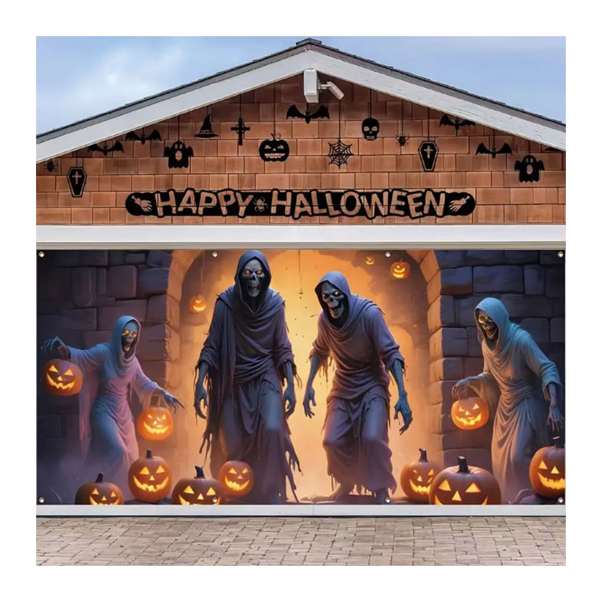 VIKAMA Halloween Garagenbanner mit Totenkopf Motiv aus Textil, mehrfarbig, B/H: 400 x 180 cm - Bild 5