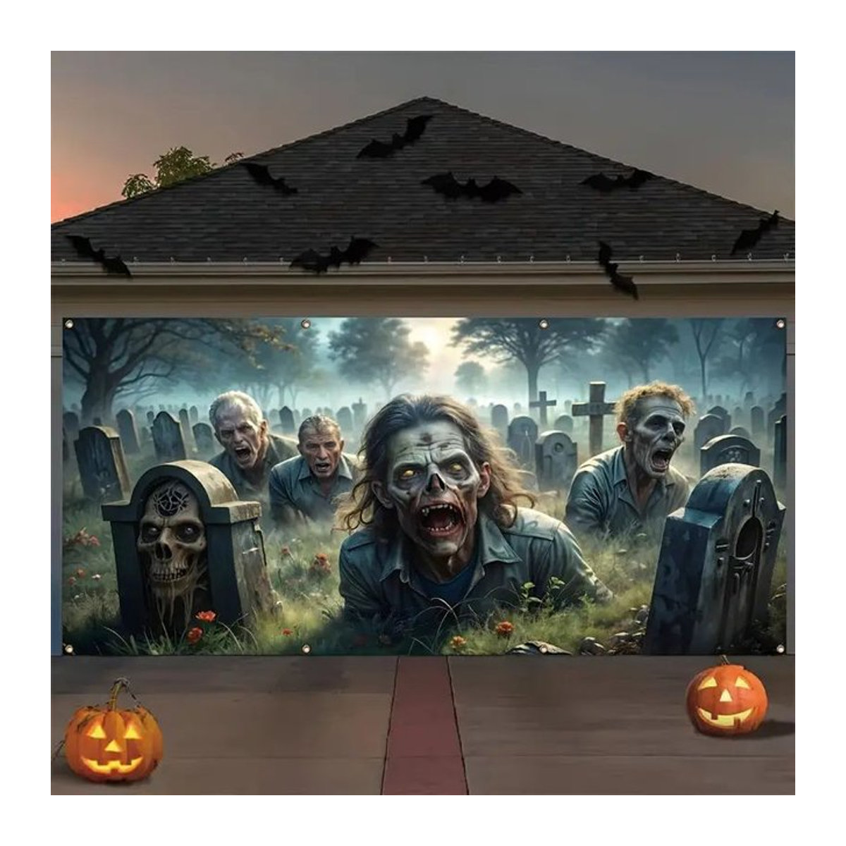 VIKAMA Halloween Garagentor Banner mit Zombie Friedhof Szene und Skelett als Gruseliger Hintergrund in Mehrfarbig - Bild 1