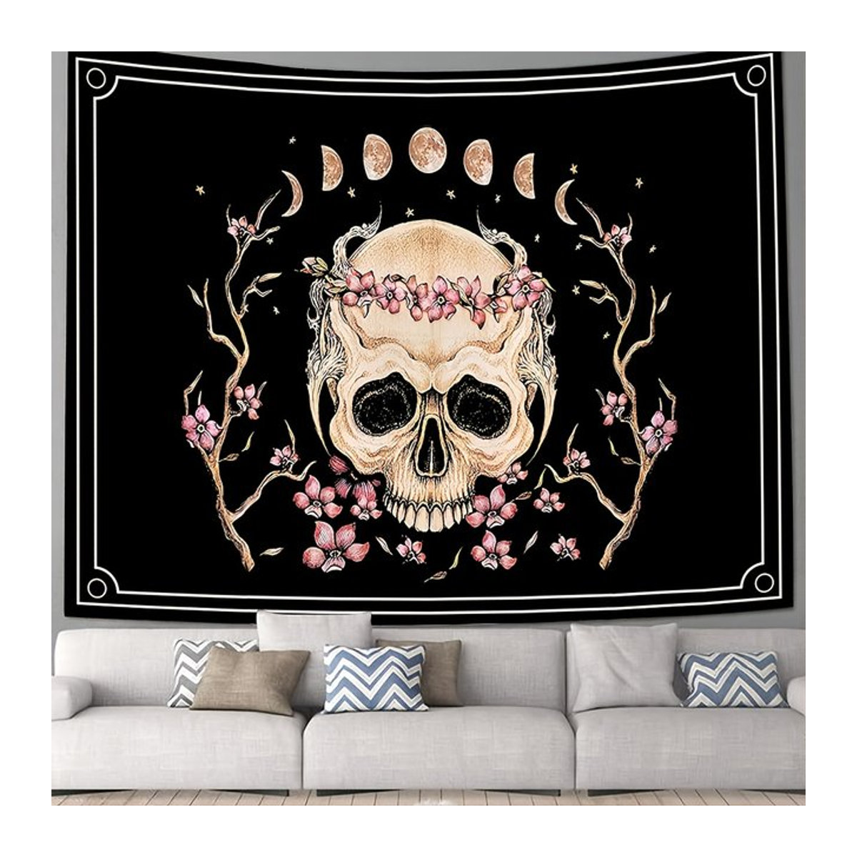 VIKAMA Halloween Gothic Wandteppich mit Blumen, Schädeln und Mondphasen in Rosa und Schwarz - Bild 1