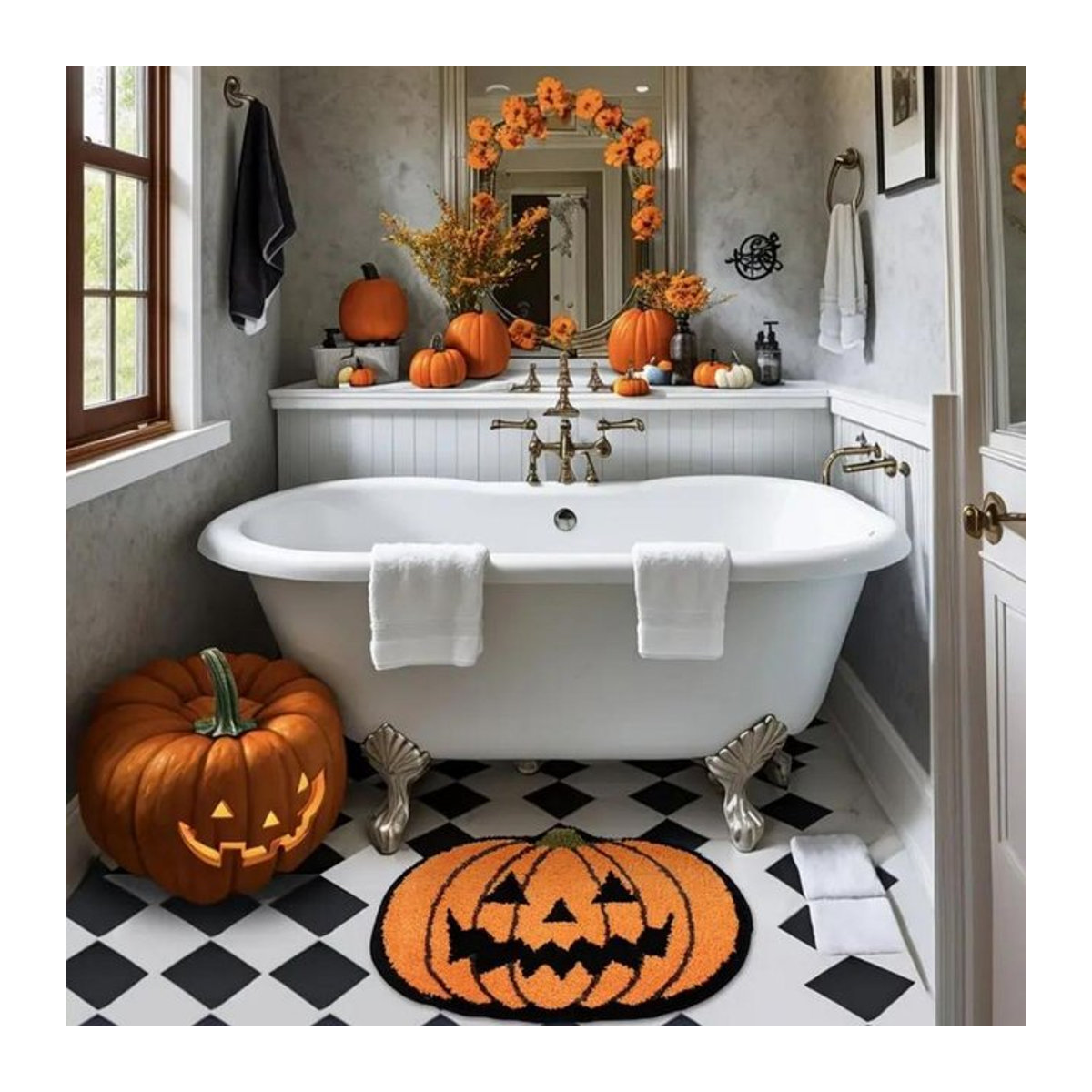 VIKAMA Halloween-Kürbis-Bodenmatte aus weichem Kunstkaschmir in Orange, runde rutschfeste Matte für dein Badezimmer und deine Heimdekoration - Bild 1