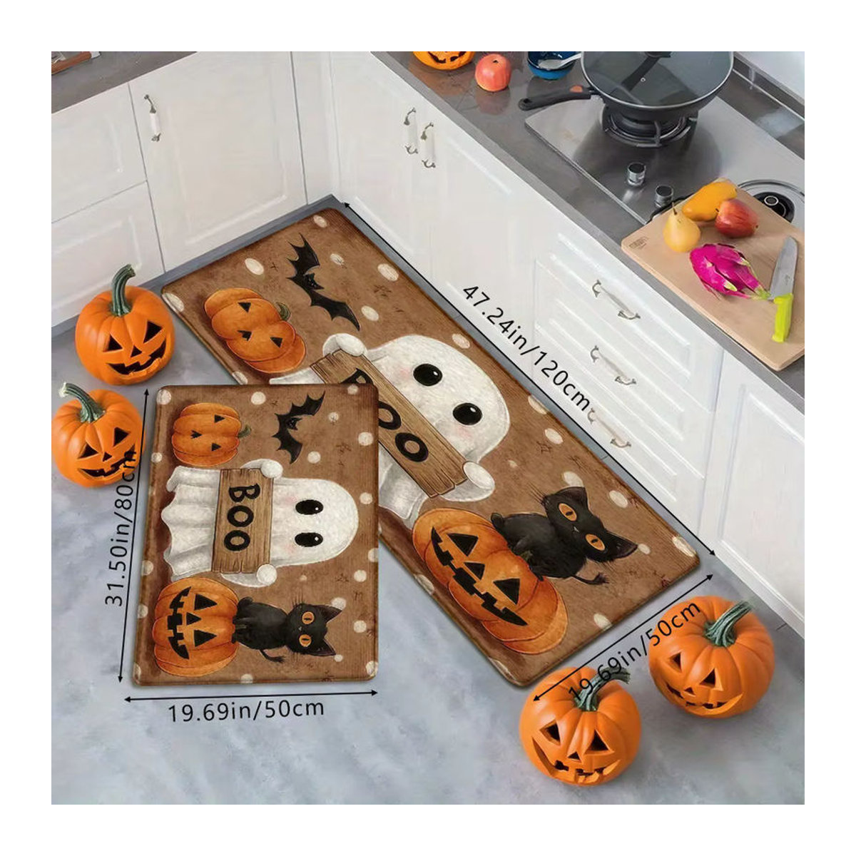 VIKAMA Halloween Kürbis und Geist Teppich in Mehrfarbig für Wohnzimmer, Küche oder Badezimmer - Bild 2