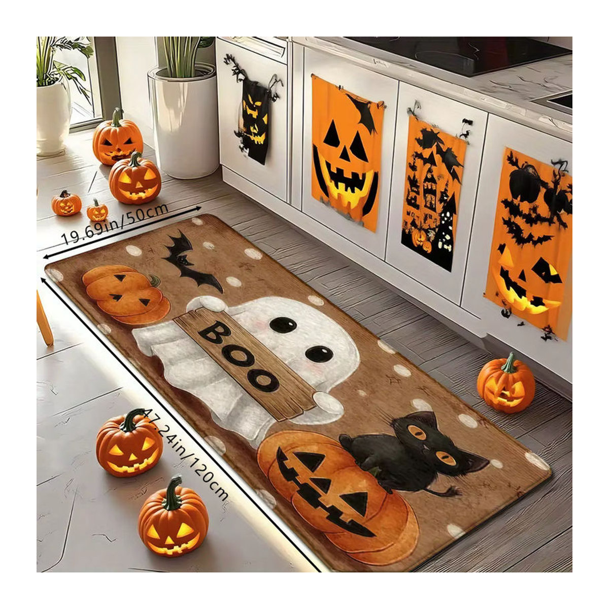 VIKAMA Halloween Kürbis und Geist Teppich in Mehrfarbig für Wohnzimmer, Küche oder Badezimmer - Bild 3