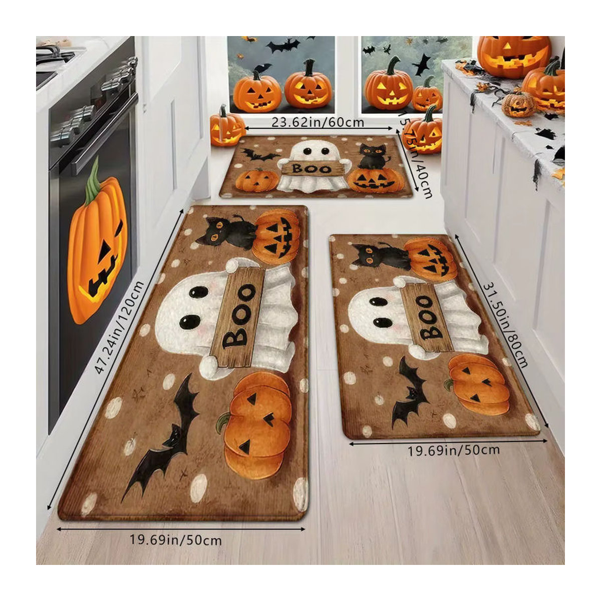 VIKAMA Halloween Kürbis und Geist Teppich in Mehrfarbig für Wohnzimmer, Küche oder Badezimmer - Bild 4