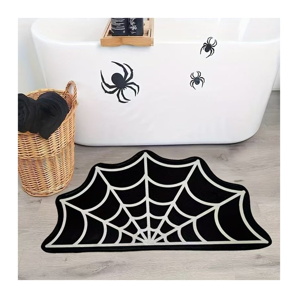 VIKAMA Halloween Spinnennetz-Teppich aus Kunstschaf-Samt in Schwarz, rutschfeste und saugfähige Bodenmatte für deine Innendekoration - Bild 1