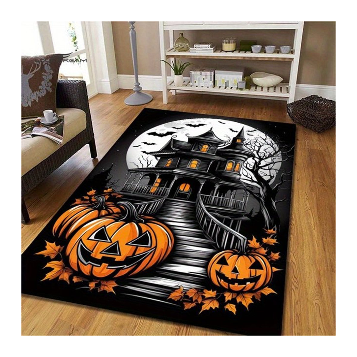 VIKAMA Halloween Teppich mit Horror Schloss, Vollmond und Kürbis Motiv, Bunt - Bild 1