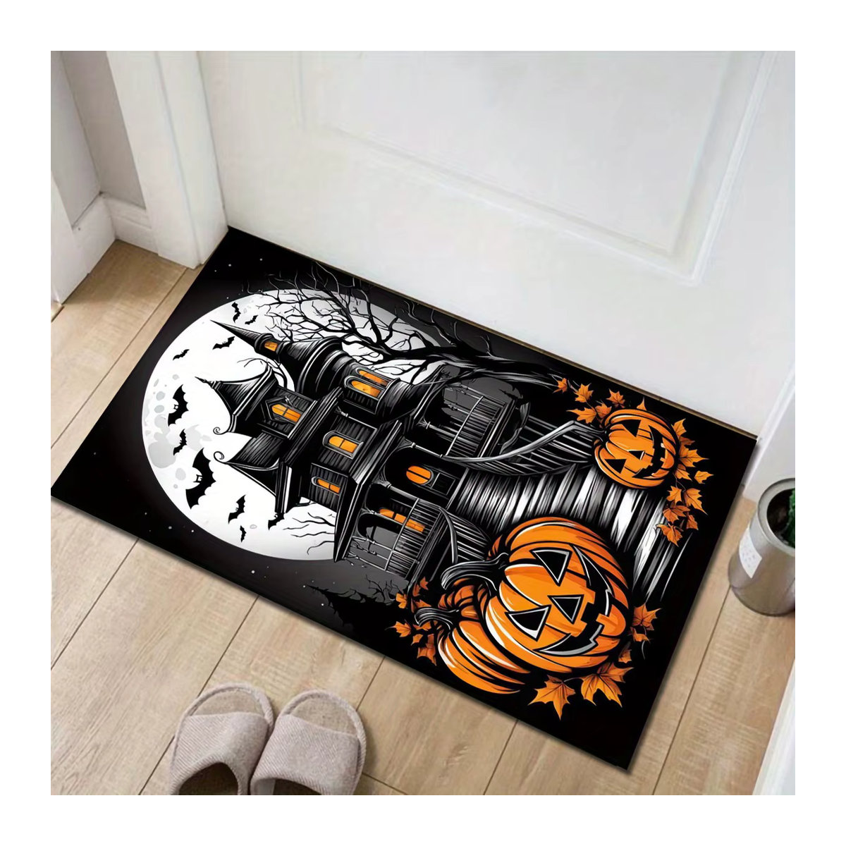VIKAMA Halloween Teppich mit Horror Schloss, Vollmond und Kürbis Motiv, Bunt - Bild 2