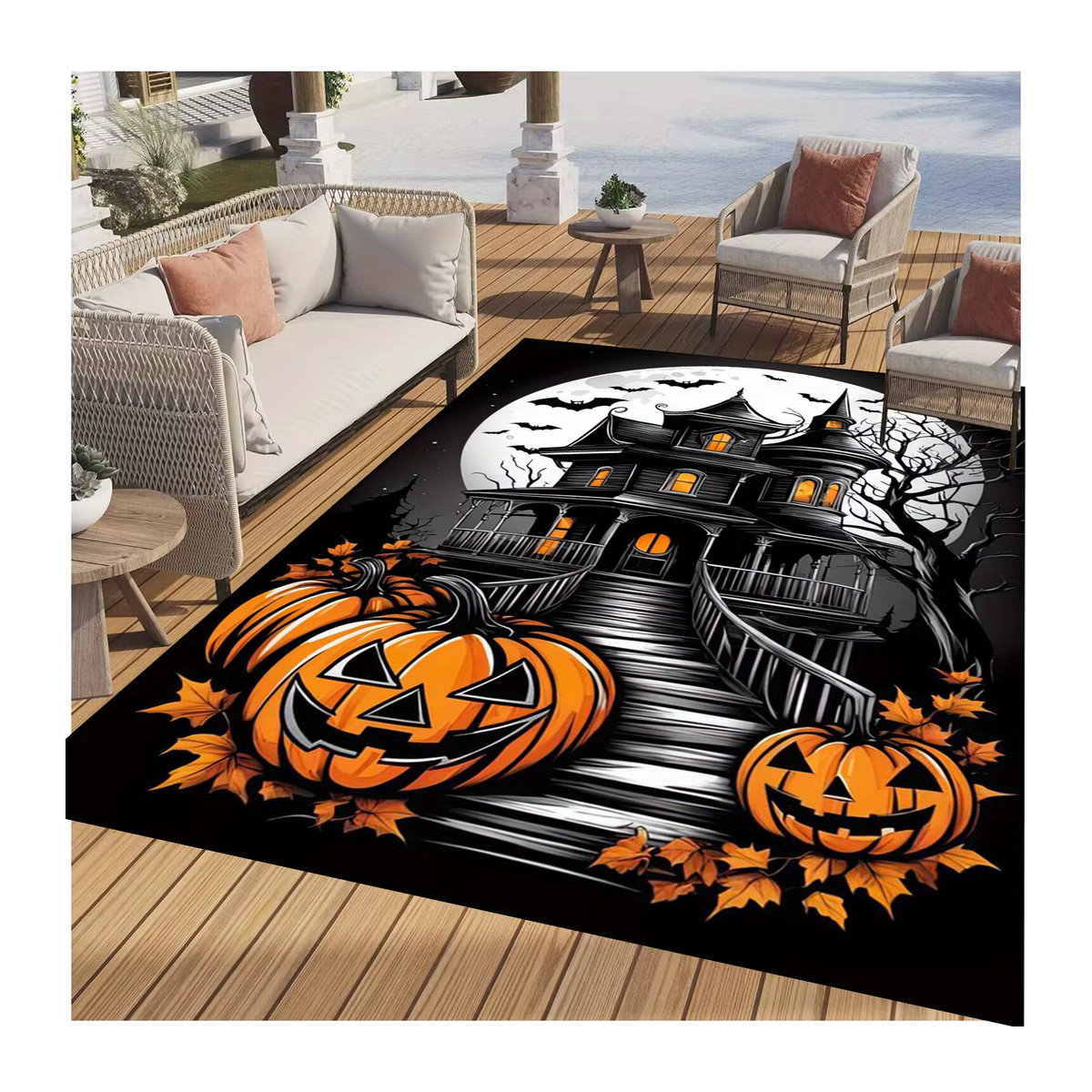 VIKAMA Halloween Teppich mit Horror Schloss, Vollmond und Kürbis Motiv, Bunt - Bild 3