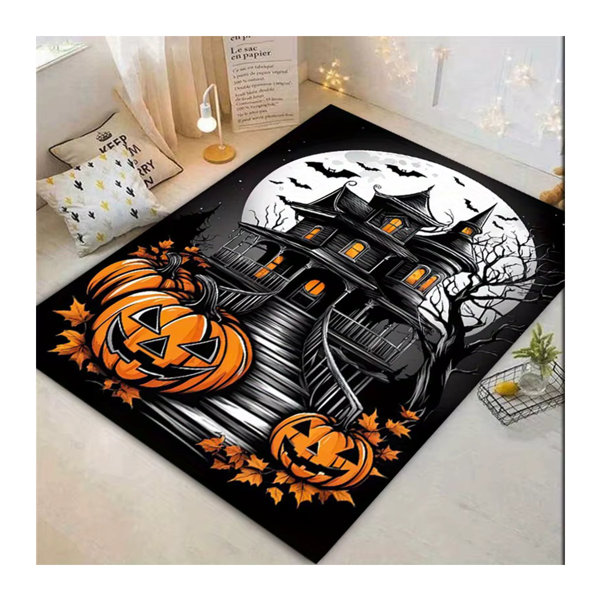 VIKAMA Halloween Teppich mit Horror Schloss, Vollmond und Kürbis Motiv, Bunt - Bild 4