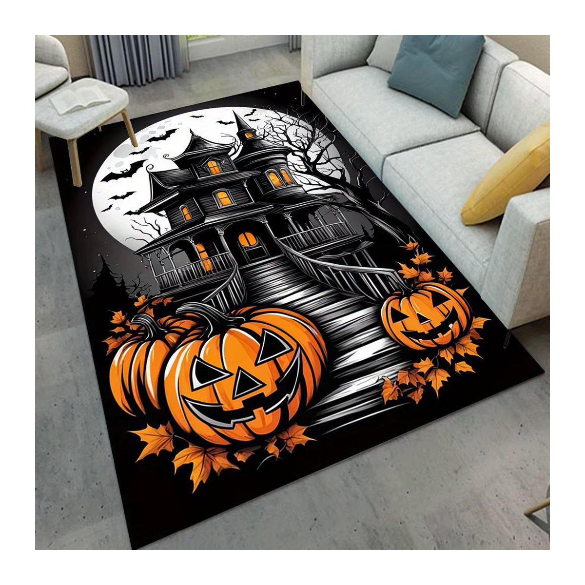 VIKAMA Halloween Teppich mit Horror Schloss, Vollmond und Kürbis Motiv, Bunt - Bild 5