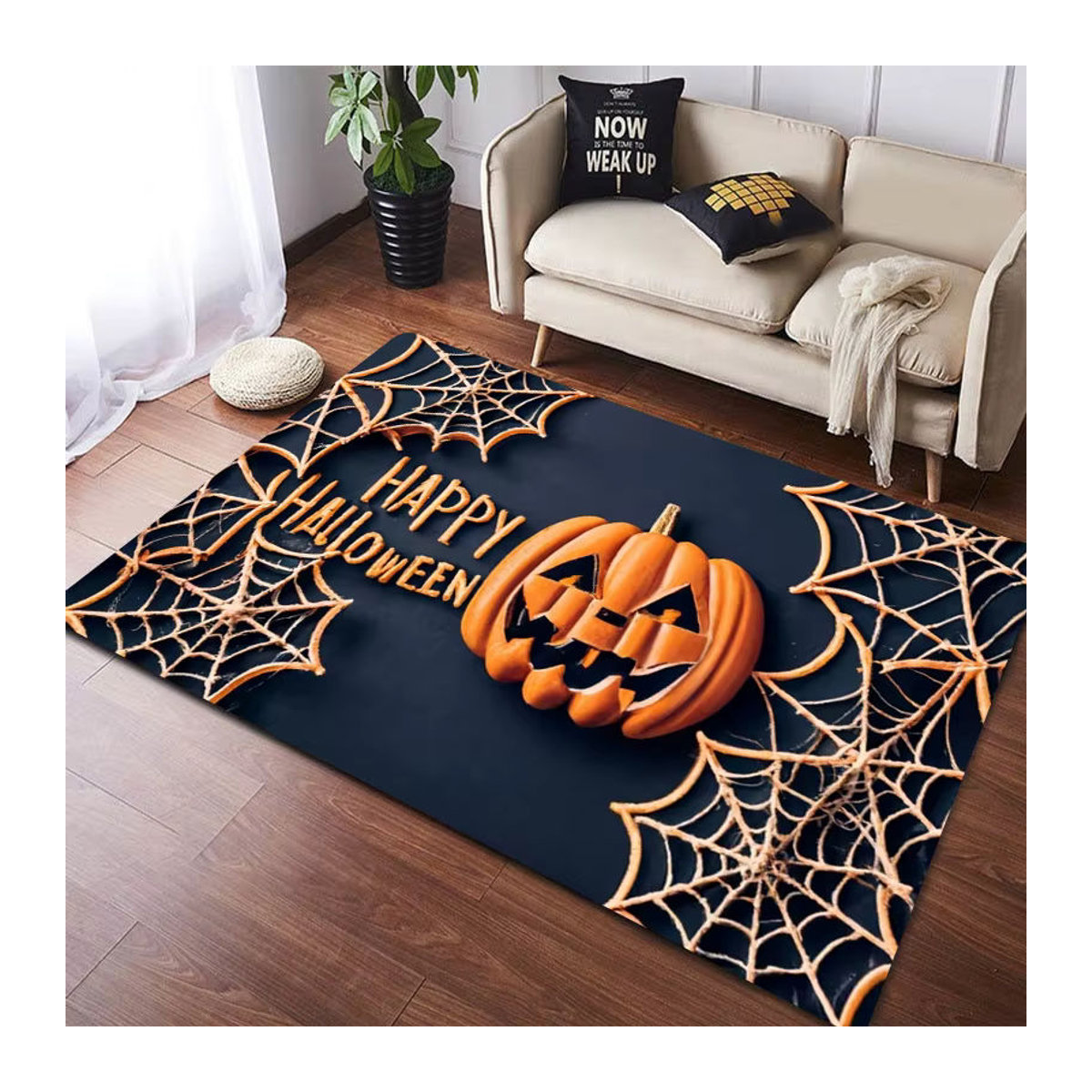 VIKAMA Halloween Teppich mit Kürbis und Spinnennetz, bunt, rechteckig, 60 x 40 cm - Bild 1