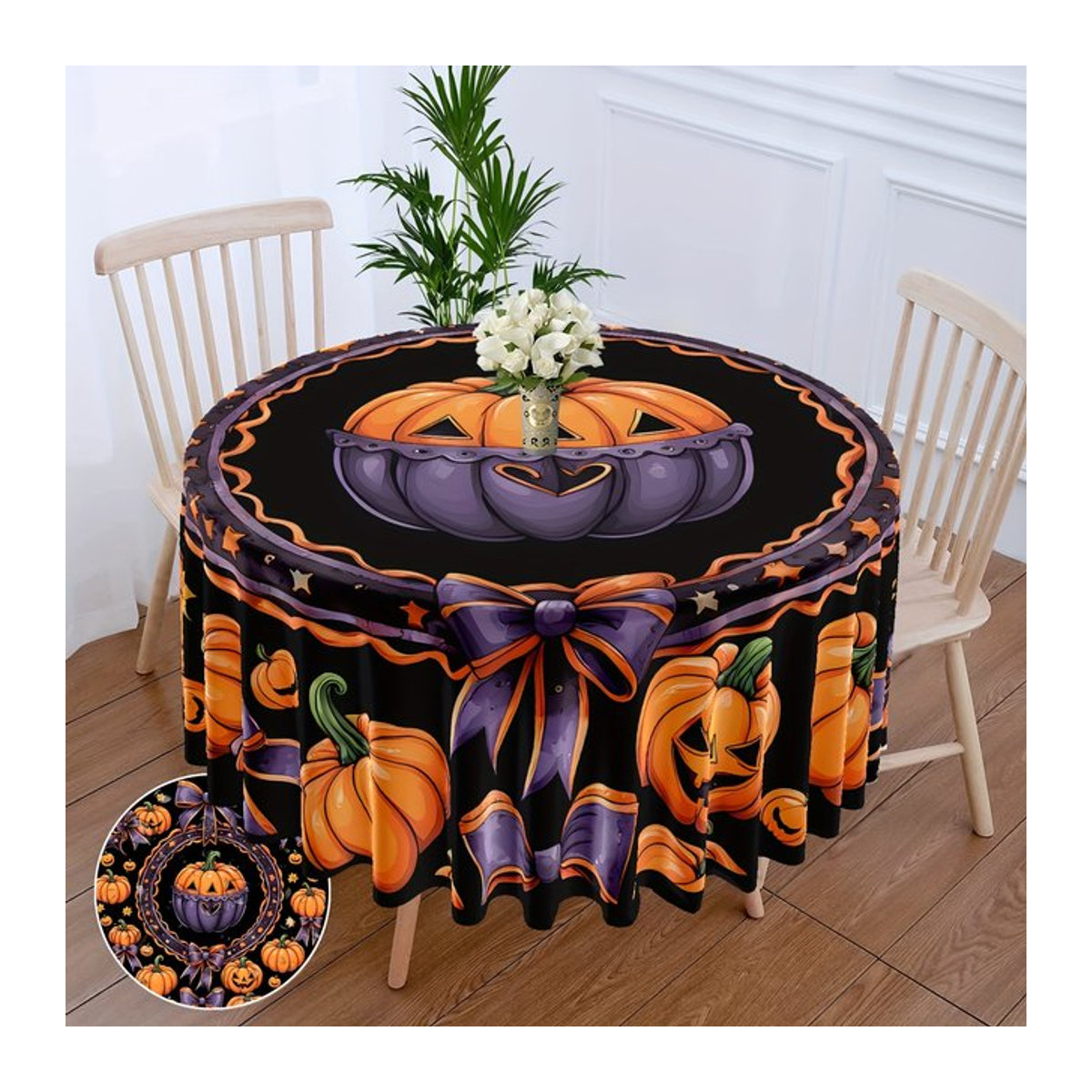 VIKAMA Halloween Tischdecke mit Cartoon-Kürbis-Motiv, rund, wasserfest, orange und lila - Bild 1