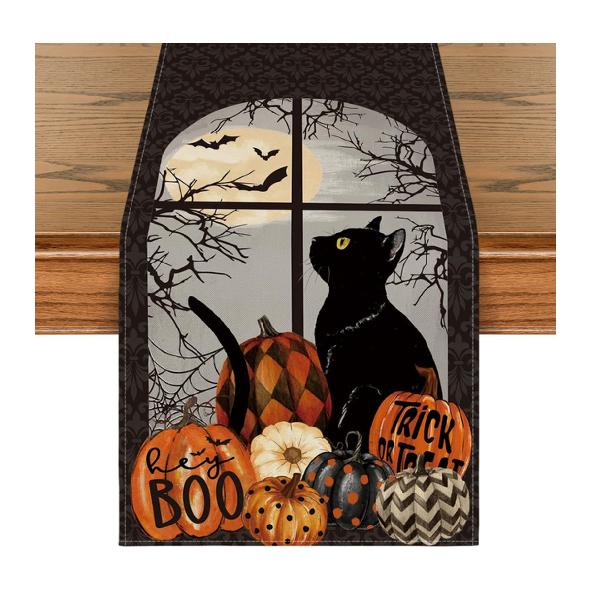 VIKAMA Halloween Tischläufer mit schwarzer Katze und Kürbis in Schwarz und Mehrfarbig für deine Party-Dekoration - Bild 1