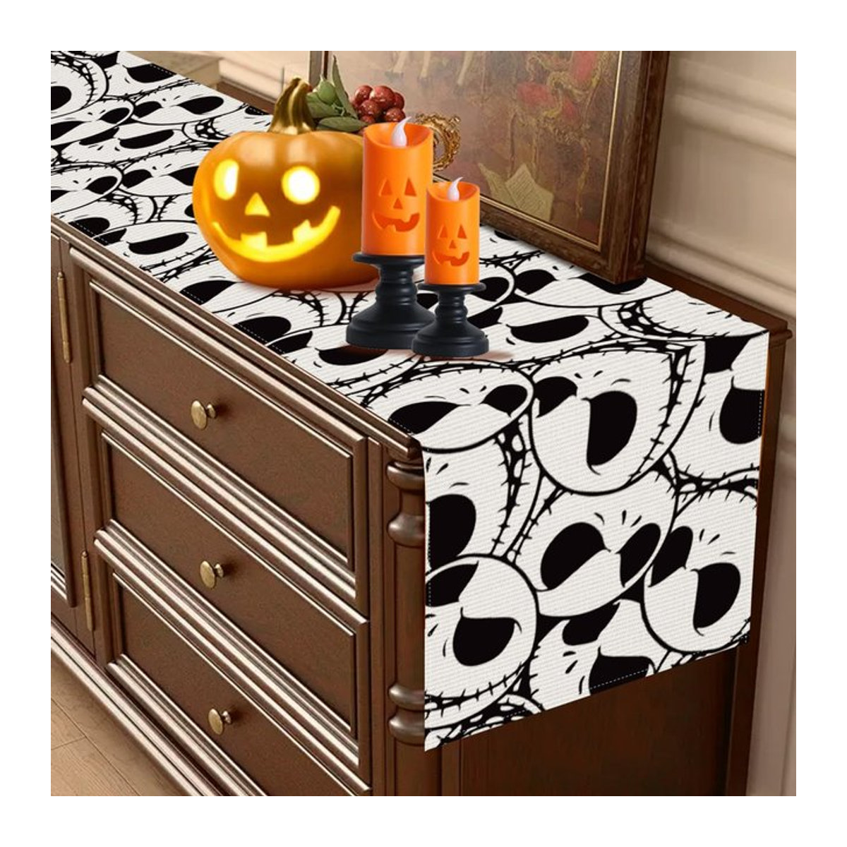 VIKAMA Halloween Tischläufer mit Skelett-Design in Schwarz-Weiß für deine Tischdekoration - Bild 1