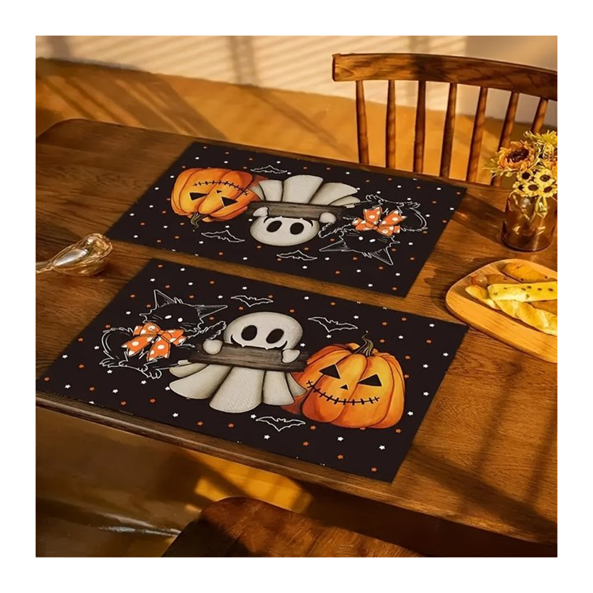 VIKAMA Halloween Tischsets mit Gänseblümchen, Kürbis, schwarzer Katze und Fledermaus Muster in Schwarz für Küche und Esszimmer - Bild 1