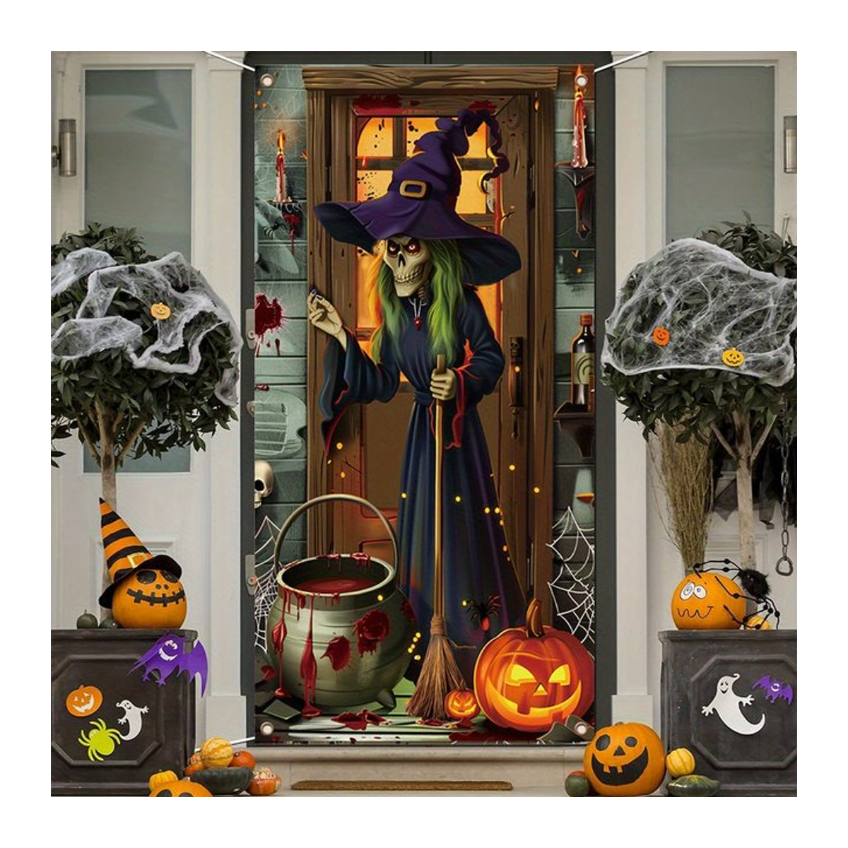 VIKAMA Halloween-Türdekoration Hexen-Motiv als hängende Textil-Abdeckung für drinnen und draußen, mehrfarbig, B: 90 cm, H: 180 cm - Bild 1
