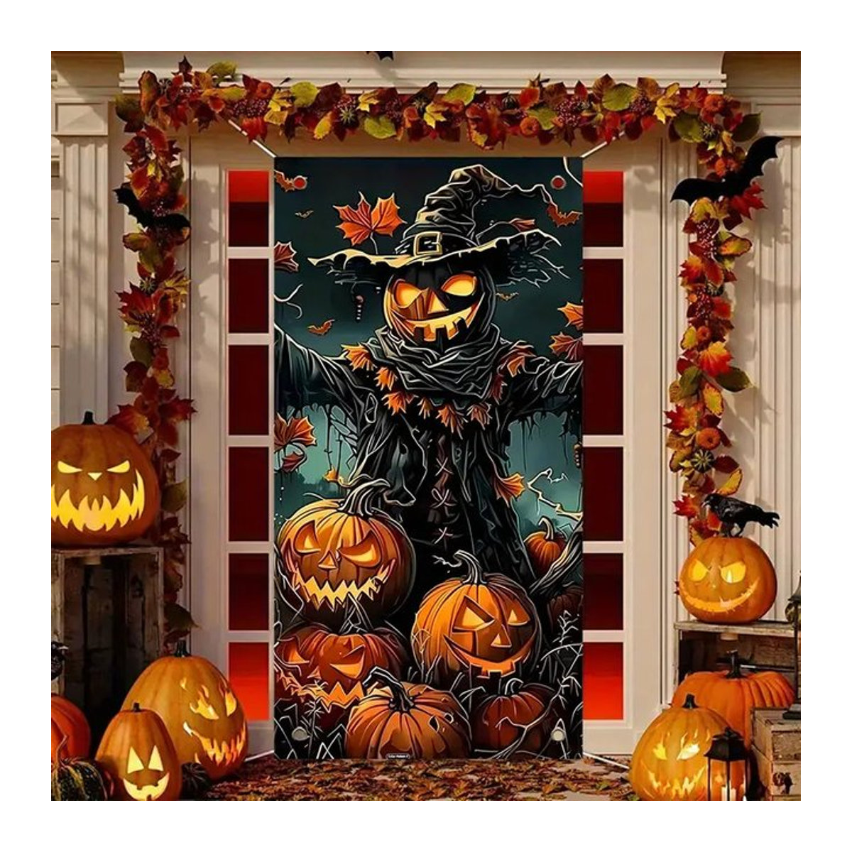 VIKAMA Halloween Türrahmen Banner mit erschreckendem Kürbis Mann für Indoor und Outdoor, mehrfarbig, B/H: 90 x 180 cm - Bild 1