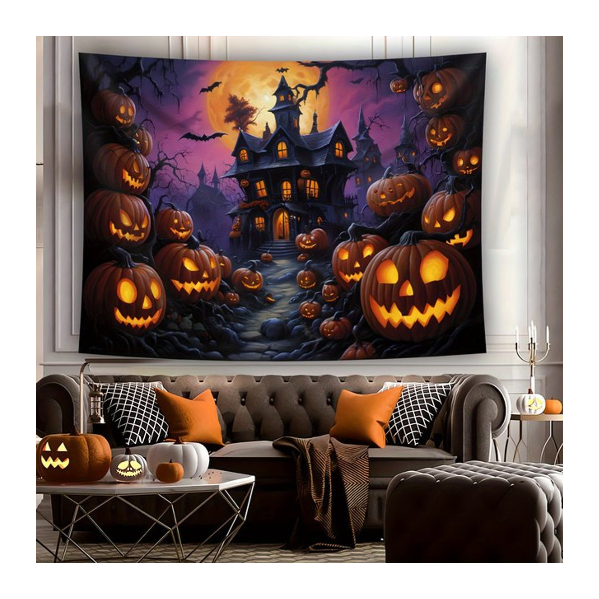 VIKAMA Halloween Wandteppich mit Schloss, Kürbis und Fledermaus, mehrfarbig, B: 60 cm, H: 40 cm - Bild 1