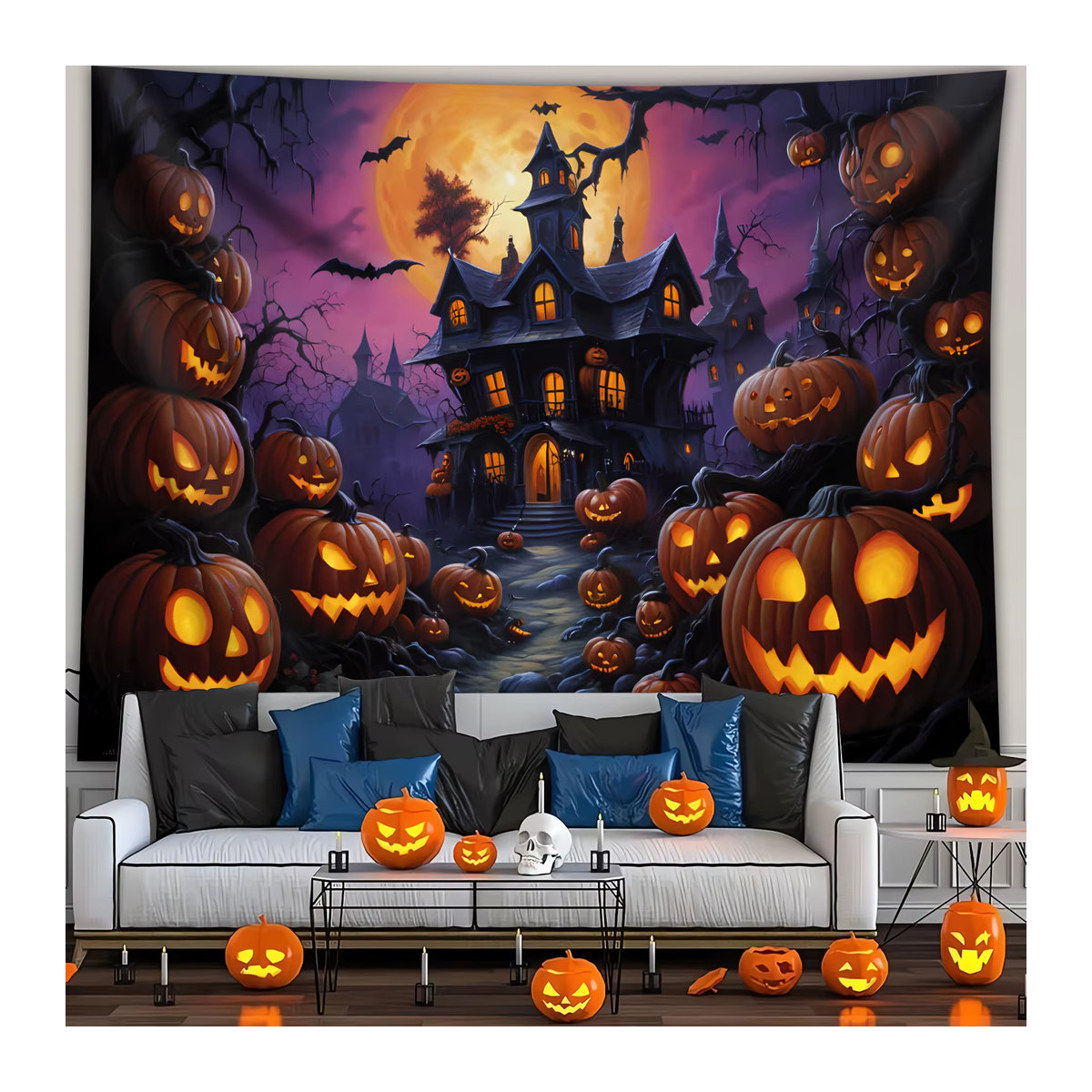 VIKAMA Halloween Wandteppich mit Schloss, Kürbis und Fledermaus, mehrfarbig, B: 60 cm, H: 40 cm - Bild 3